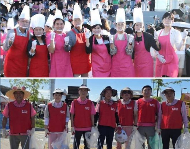 조치원복숭아 축제 현장에 참석한 지역 정치권 인사들. 사진 위는 더불어민주당 세종시의원, 아래는 국민의힘 세종시의원.