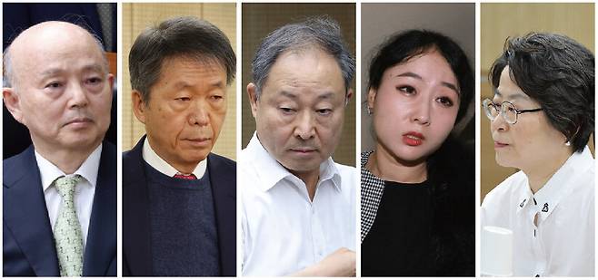지난 2월10일 윤석열 방어권 보장 안건에 찬성해 인권단체 등으로부터 ‘내란 5적’으로 비판받는 인권위원들. 왼쪽부터 안창호 위원장, 김용원 상임위원, 한석훈·이한별·강정혜 위원. 김영원 기자 forever@hani.co.kr, 정용일 선임기자 yongil@hani.co.kr