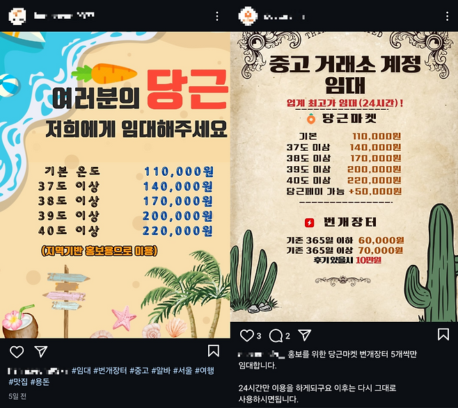당근 ‘계정 임대’ 업체들의 인스타그램 계정에 25일 계정 대여와 온도 별 대여금을 안내하는 홍보글이 게시돼 있다. 인스타그램 갈무리