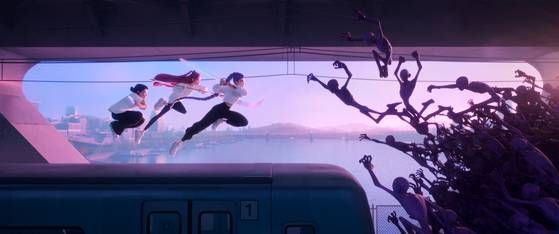The HUNTR/X battling demons on top of a running subway crossing the Han River [NETFLIX]