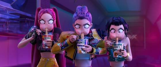 HUNTR/X's members eat instant cup noodles in Netflix's "KPop Demon Hunters" [NETFLIX]