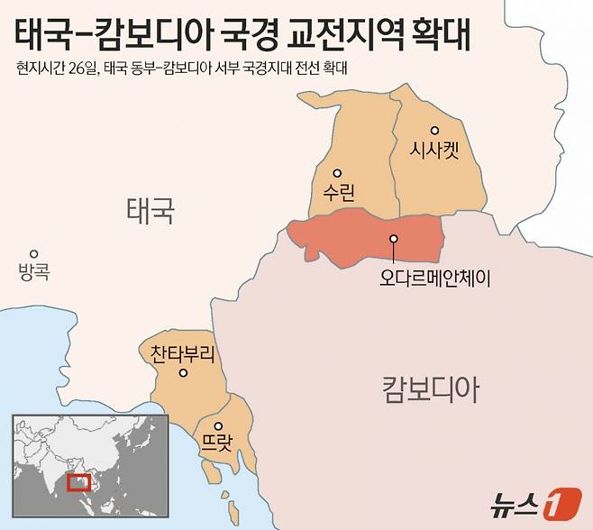 태국과 캄보디아는 지난 24일부터 국경에서 부딪히고 있다. 100년 넘게 영유권 분쟁을 벌여온 국경 지대에서 태국 군인들이 캄보디아 측이 매설한 것으로 추정되는 지뢰 폭발로 중상을 입은 사건이 도화선이 됐다. /사진=뉴스1