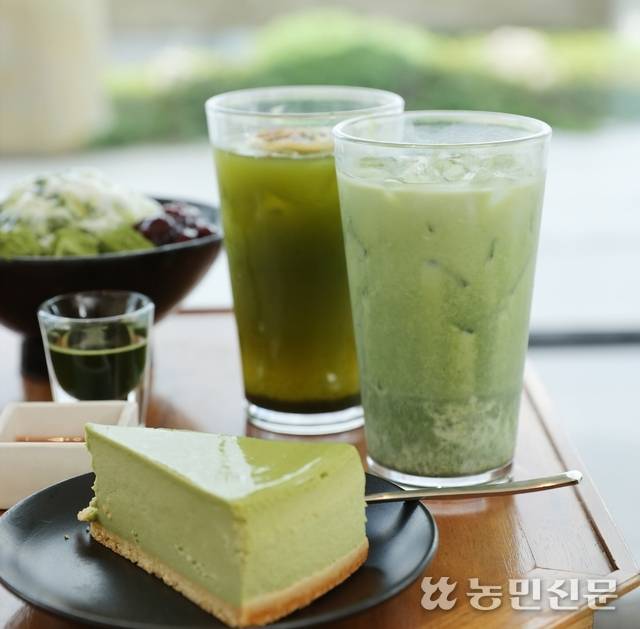 오설록 티하우스에서는 말차를 활용한 다채로운 메뉴를 맛볼 수 있다. (윗줄 가운데부터 시계방향으로) 말차레모네이드와 말차라테, 말차치즈케이크. 김원철 프리랜서 기자