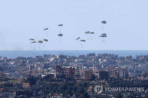 2024년 가자지구에 구호품이 공중투하되는 모습  [EPA=연합뉴스 자료사진]