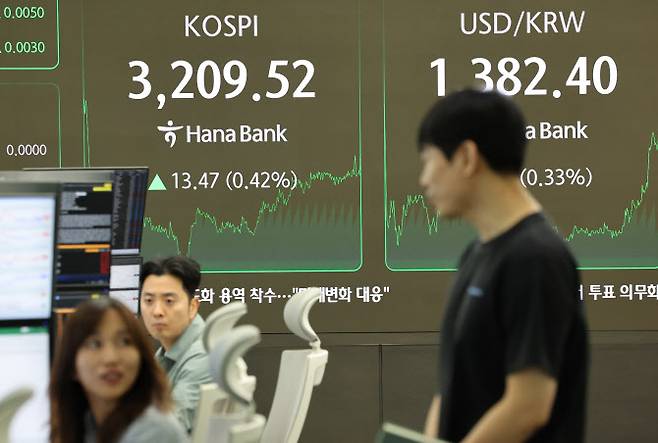 28일 서울 중구 하나은행 본점 딜링룸에서 직원들이 업무를 보고 있다. (사진=연합뉴스)
