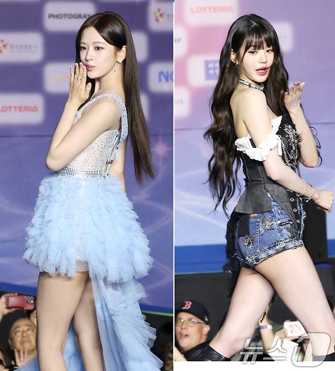 아이브 안유진과 장원영(오른쪽)이 26일 경기도 고양시 일산서구 킨텍스 제1전시장에서 열린 ‘2025 SBS 가요대전 Summer’ 블루카펫 행사에 참석해 포즈를 취하고 있다. ⓒ News1 권현진 기자