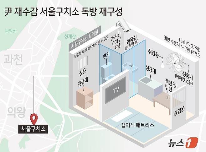 윤석열 전 대통령이 지난 10일 내란 특검에 의해 구속됐다. 법원의 구속취소 결정으로 지난 3월 8일 풀려난 지 124일 만의 재구속이다. 윤 전 대통령은 3.7평(12㎡)의 독방에 수용됐다. 여러 명의 수감자와 함께 생활하는 혼거실과 달리 독거실은 1인이 머무르는 곳으로 방에는 TV와 거울, 식탁·책상, 사물함 등이 비치돼 있다. 냉장고, 에어컨은 따로 구비돼 있지 않은 것으로 전해졌다. ⓒ News1 김초희 디자이너