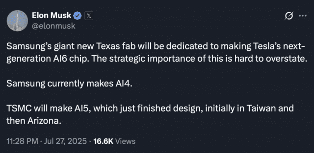 일론 머스크 테슬라 CEO가 자사 AI6칩의 생산을 삼성전자에 위탁했다고 X를 통해 밝혔다(사진=X 갈무리)