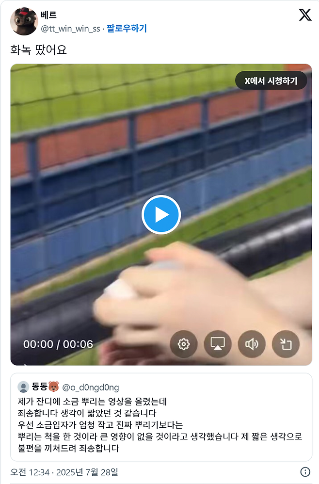 image.png 야구장에 소금 뿌렸다가 트위터에 사과문 쓴 여성.jpg