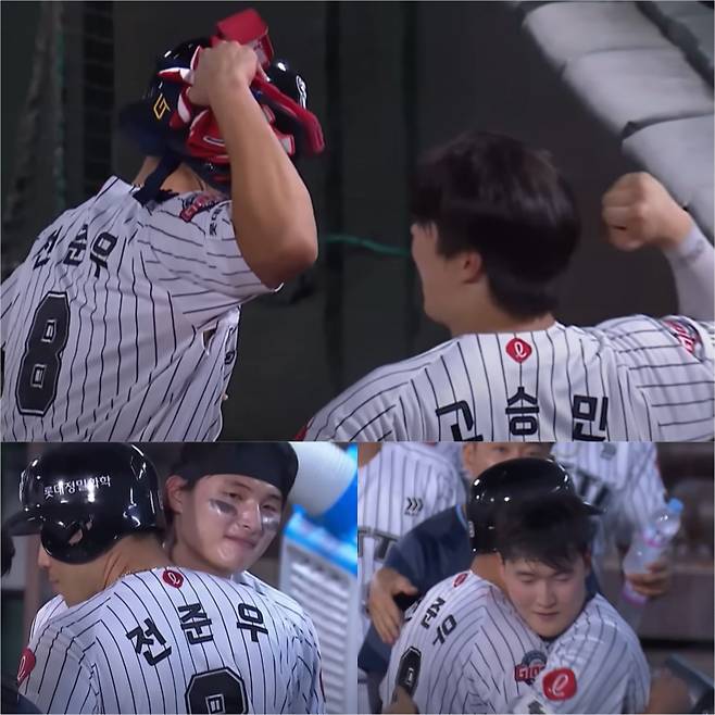 27일 부산 KIA 타이거즈전 8화 말 역전 적시타를 친 뒤 더그아웃에서 후배들의 축하를 받고 있는 전준우. 사진=KBO 유뷰트 채널 홈피