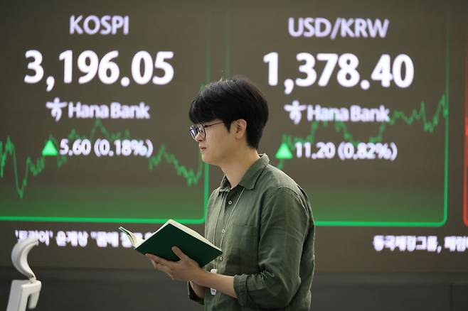 25일 서울 중구 하나은행 본점에서 직원들이 증시와 환율을 모니터하고 있다.  이날 코스피 지수는 전장보다 5.60포인트(0.18%) 오른 3196.05에 거래를 마쳤다. 한때 3205.82까지 올랐으나 더 이상 탄력을 받지 못하고 상승세가 둔화했다. 코스닥 지수는 2.94포인트(0.36%) 내린 806.95로 마감했다. [연합]