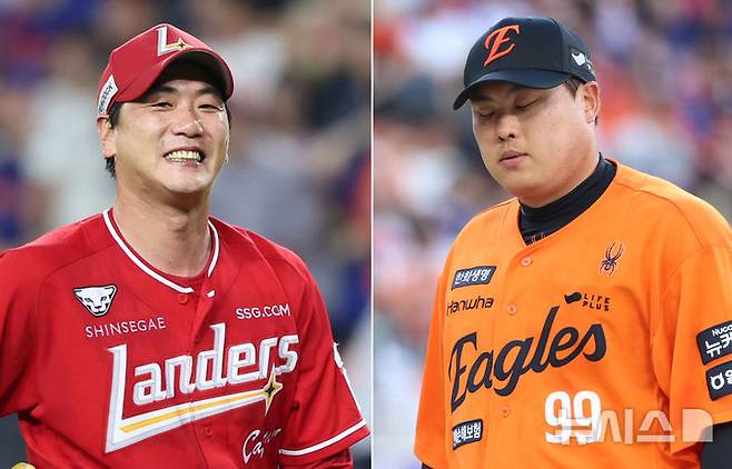 [대전=뉴시스] 권창회 기자 = 한화 이글스 선발투수 류현진과 SSG 랜더스 김광현이 26일 오후 대전 중구 대전한화생명볼파크에서 열린 2025 신한 쏠뱅크 KBO리그 한화 이글스와 SSG랜더스의 경기에서 맞대결을 펼쳤다.사진은 한화 선발 류현진(오른쪽)이 1이닝 5실점을 하고 아쉬워하고 있는 모습과 SSG 선발 김광현이 6회말 한화 노시환을 병살로 잡아내고 기뻐하고 있다. 2025.07.26. kch0523@newsis.com