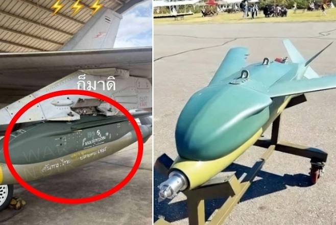 왼쪽은 태국 공군 F-16A에 장착된 한국산 KGGB 폭탄, 오른쪽은 2022년 10월 한국에서 열린 세계 군사문화 박람회에 전시된 KGGB. 출처 엑스