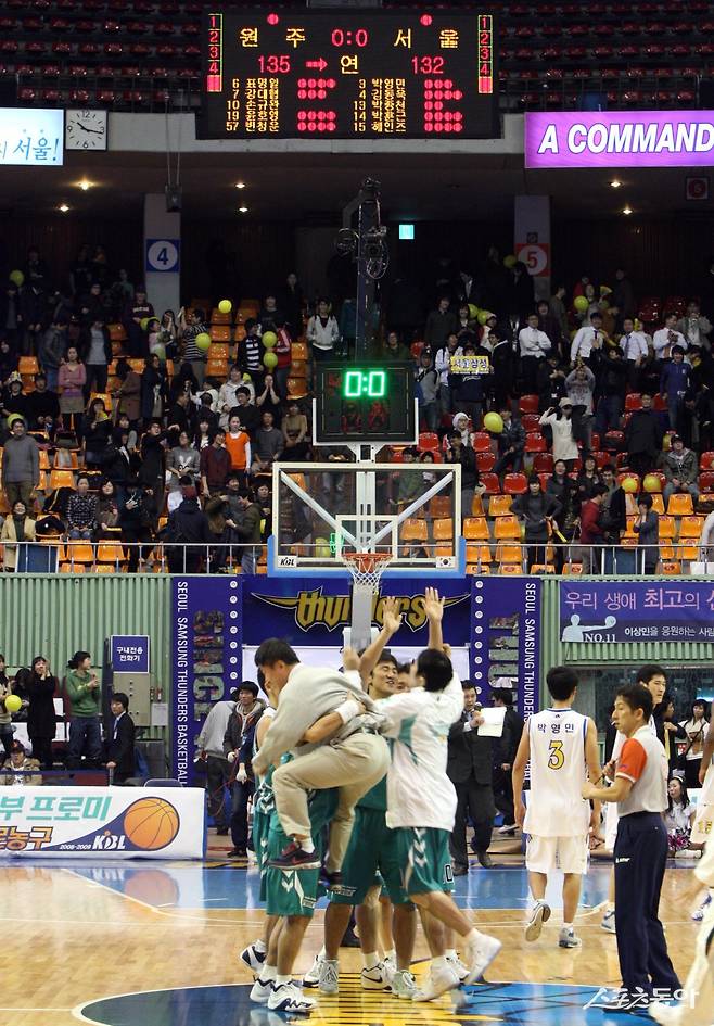 2008-2009시즌 KBL최초로 5차 연장 접전 끝에 삼성에게 승리한 동부 선수들. 이 경기 또한 2009년 1월 21일 잠실실내체육관에서 열렸다. 스포츠동아DB