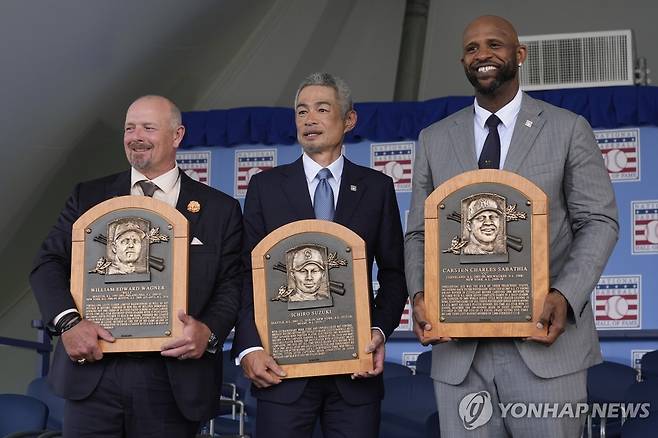 2025 MLB 명예의 전당 헌액자 빌리 와그너, 스즈키 이치로, CC 사바시아(왼쪽부터) [AP=연합뉴스]
