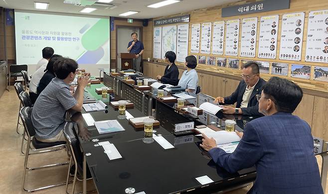 울릉도 역사문화자원을 활용한 관광콘텐츠 개발 및 활용방안 연구용역보고회가 열리고 있다. /울릉군의회 제공