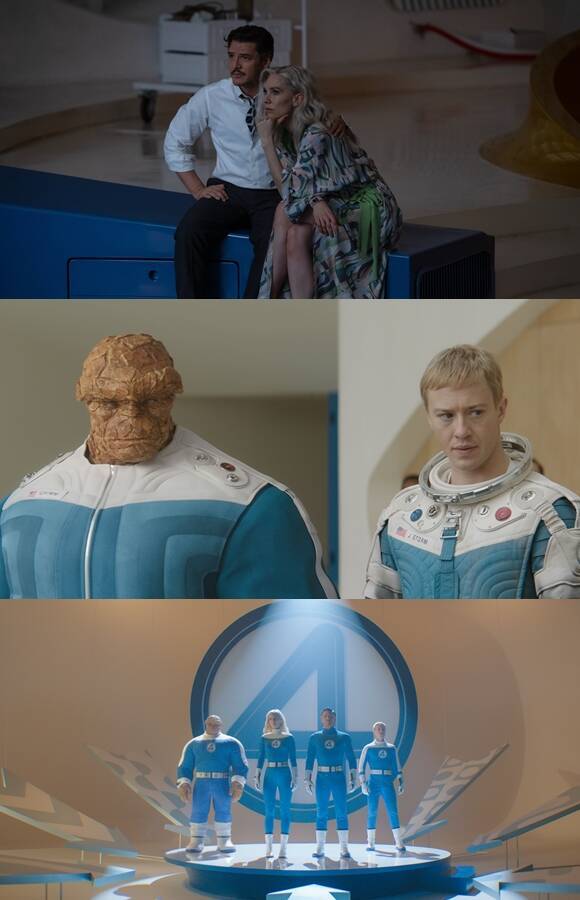 에본 모스-바크라크는 벤 그림 역을, 바네사 커비는 수 스톰 역을, 페드로 파스칼은 팀의 리더 리드 리차드 역을, 조셉 퀸(아래 사진의 왼쪽부터)은 쟈니 스톰 역을 맡아 '판타스틱 4'로 활약한다. /월트디즈니 컴퍼니 코리아