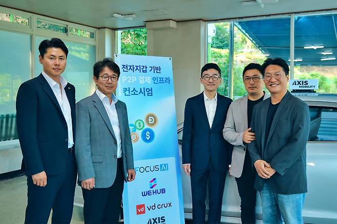 5개사 결제시스템 컨소시엄 발족식((좌측부터) 위허브 박대용POC 프로젝트 총괄 책임, 엑시스모빌리티 박세관 전략 이사, 포커스에이아이 이석준 결제사업부 상무, VD크럭스 김동영 대표, 비피엠지 홍진표 기획실 부장)
