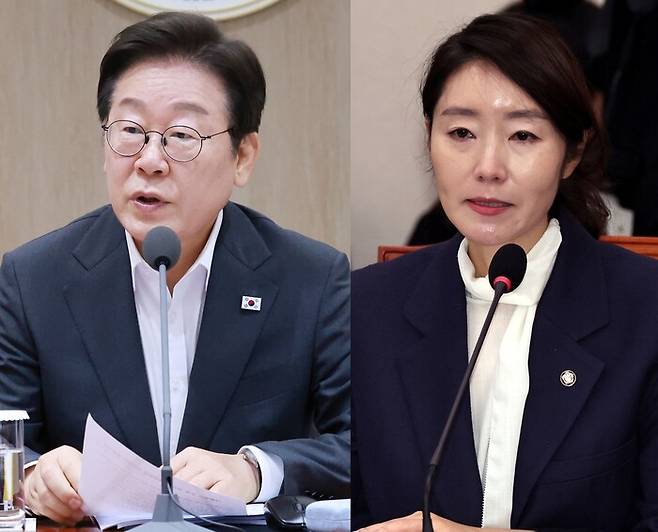 이재명 대통령(왼쪽)이 29일 서울 용산 대통령실 열린 국무회의에서 발언하고 있다. 강선우 전 여가부 장관 후보자가 지난 14일 열린 국회 인사청문회에서 의원 질의에 답하고 있다. 연합뉴스, 윤운식 선임기자 yws@hani.co.kr
