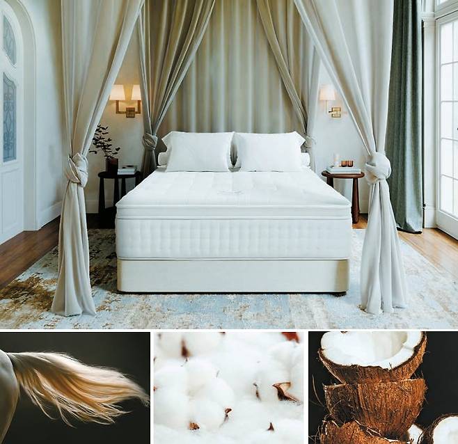 신세계까사의 프리미엄 수면 브랜드 ‘마테라소’가 고기능성 럭셔리 매트리스 ‘헤리티지 컬렉션’을 출시했다. 사진은 마테라소 헤리티지 컬렉션의 ‘에보니’ 매트리스. 아래는 말총, 유기농 코튼, 코이어(왼쪽부터) 등 마테라소 헤리티지 컬렉션에 사용된 고급 천연 소재들. [사진 신세계까사]