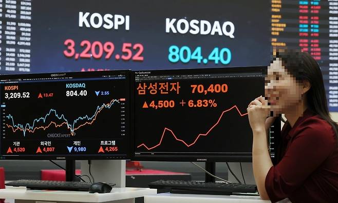 28일 서울 여의도 한국거래소에 삼성전자 종가가 70,400원을 나타내고 있다. 이날 코스피 지수는 전장보다 13.47포인트(0.42%) 오른 3,209.52에 거래를 마쳤다. 25.7.28 /한국경제신문 이솔 기자