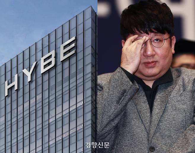 연예기획사 하이브 서울 용산구 사옥(왼쪽)과 방시혁 하이브 의장. 경향신문 자료사진