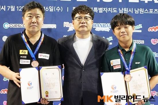 남원 전국당구선수권에서 공동3위에 오른 조치연은 18위서 9위로, 김현우는 133위에서 49위로 순위가 크게 상승했다. 시상식에서 포즈를 취하고 있는 (왼쪽부터) 조치연, 남원당구연맹 김희원 회장, 김현우. (사진=MK빌리어드뉴스 DB)
