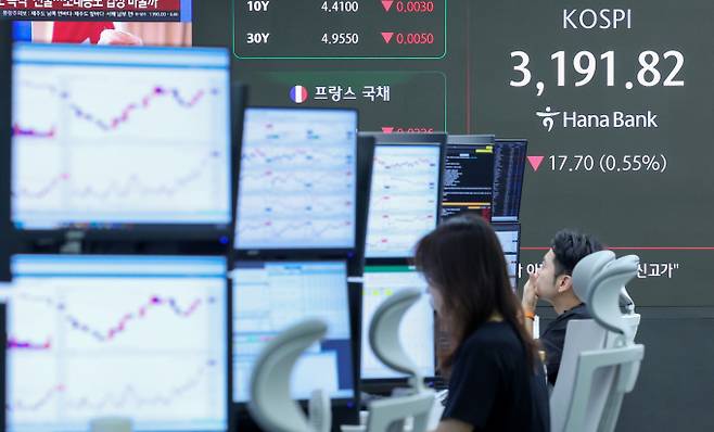 29일 코스피가 기관과 외국인 동반 매도로 3200선 안팎에서 등락한다. 사진은 서울 중구 하나은행 본점 개장 시황./사진=뉴스1