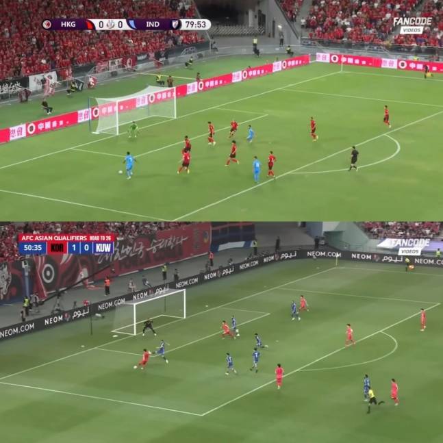 지난달 10일 인도와 홍콩의 2027 아시아축구연맹(AFC) 아시안컵 3차 예선 C조 2차전 경기 중 나온 인도 리스톤 콜라코의 슈팅 장면(위)과 2026 국제축구연맹(FIFA) 북중미 월드컵 아시아 3차 예선 C조 최종전 쿠웨이트전에서 나온 이강인의 슈팅 장면(아래). /사진=IFTWC SNS 캡처