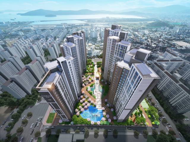 경남 창원시 진해구 신도심에 10년 만에 들어서는 신축 아파트 ‘트리븐 창원’ 조감도. 두산에너빌리티 제공
