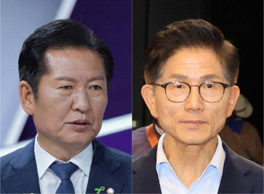 정청래 더불어민주당 의원, 김문수 전 고용노동부 장관. (사진=연합뉴스)