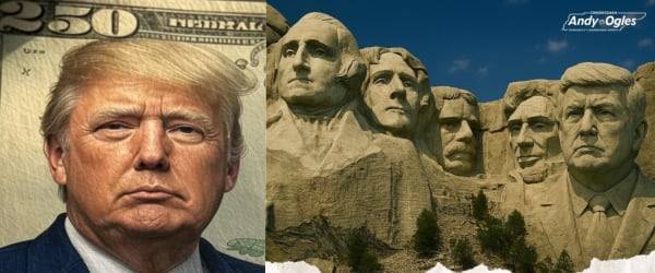왼쪽 사진은 트럼프 대통령 초상이 새겨진 250달러 지폐 가상 이미지. 오른쪽 사진은 미국을 대표하는 4명의 대통령 얼굴이 조각돼 있는 러시모어산에 트럼프 얼굴을 추가한 합성 이미지. 모두 공화당 의원들이 관련 내용을 추진하는 법안을 발의하면서 소셜미디어에 직접 올린 것이다.