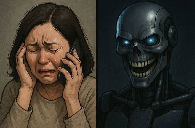 AI로 날조 된 목소리로 보이스피싱 범죄 피해로 고통스러워하는 시민 이미지