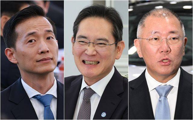 (왼쪽부터 방미 순) 김동관 한화그룹 부회장, 이재용 삼성전자 회장, 정의선 현대차그룹 회장 ⓒ뉴시스