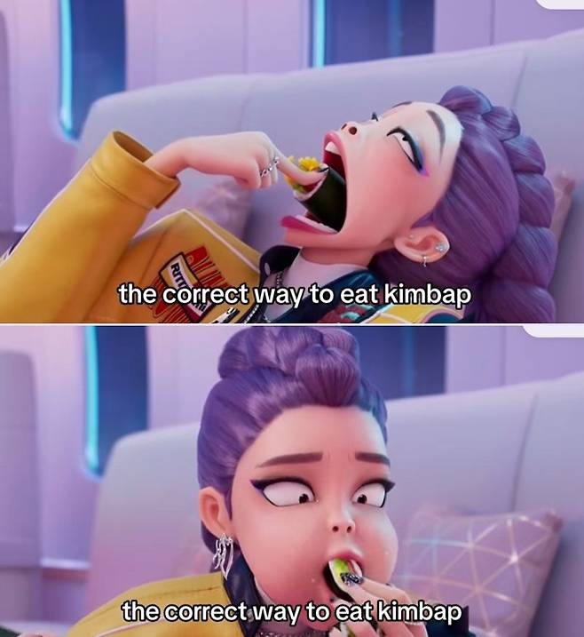 틱톡 이용자가 '김밥 한 입에 먹기' 챌린지를 보여주기 전 '케이팝 데몬 헌터스' 주인공의 김밥 먹방을 소개하며 올바르게 김밥 먹는 방법을 설명. /사진=넷플릭스, 인스타그램 'mas.a9_11_cos' 화면 캡처
