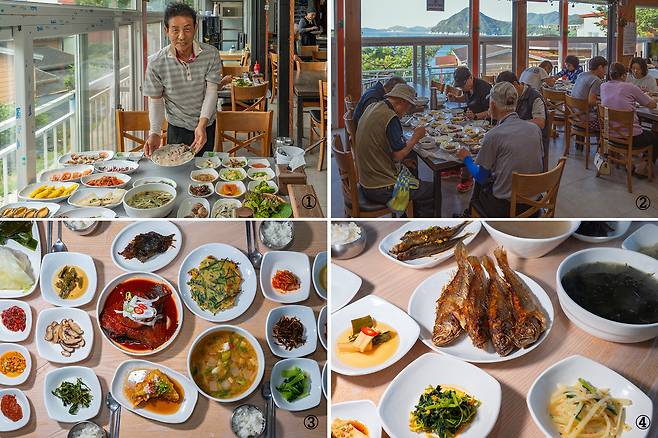 ①이수도 산만디민박의 조현달 사장. ②4인 이상의 단체 손님이 많다. ③저녁상에는 생선조림·멍게젓갈·갈치속젓 같은 '밥도둑' 메뉴가 잔뜩 올라왔다. ④아침상은 조기구이가 주인공 역할을 한다. 백종현 기자