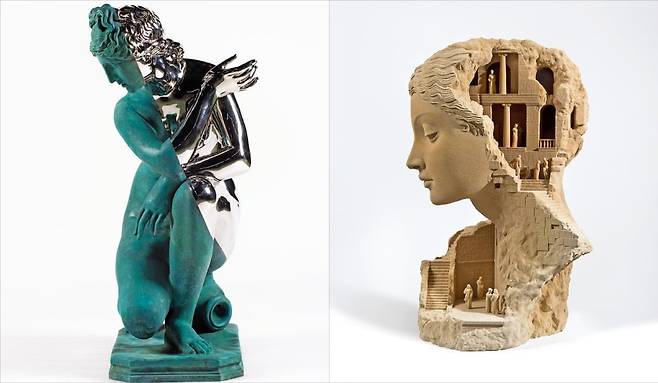 서울 청담동 페로탕 서울에서 열리고 있는 ‘기억의 건축’에는 다니엘 아샴의 최신작이 나와 있다. 높이가 2ｍ에 달하는 조각상 ‘Amalgamized Venus of Arles’(2023·왼쪽), 흉상 연작 중 하나인 ‘Stairs in the Labyrinth’(2025) 등이 대표적이다.  페로탕 서울 제공