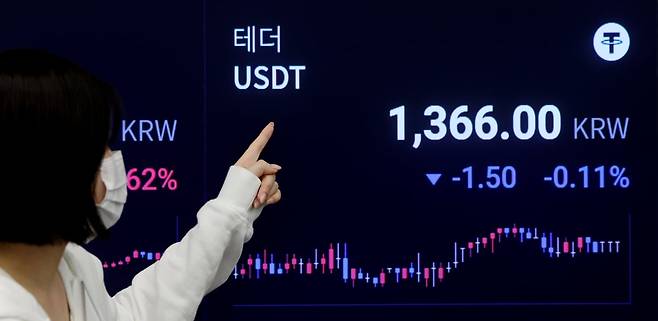 지난 15일 서울 역삼동 업비트 고객센터 현황판에 테더(USDT) 시세가 표시되고 있다./한국경제 최혁 기자