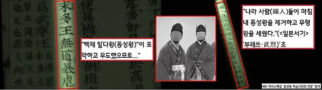<일본서기>는 “동성왕이 무도하여 포학했으므로 ‘국인(國人)’들이 왕을 제거하고 무령왕을 세웠다”고 했다. 동성왕의 시해 사건 배후에 무령왕이 도사리고 있었을 가능성도 있다.