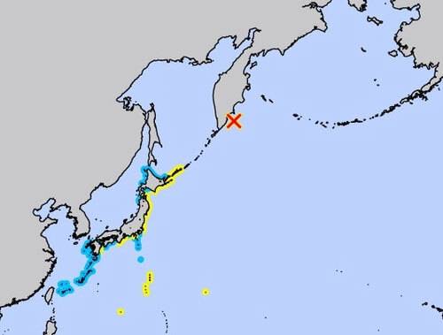 일본 태평양 연안부에 쓰나미 주의보(노란색 부분). 일본 기상청 홈페이지 갈무리