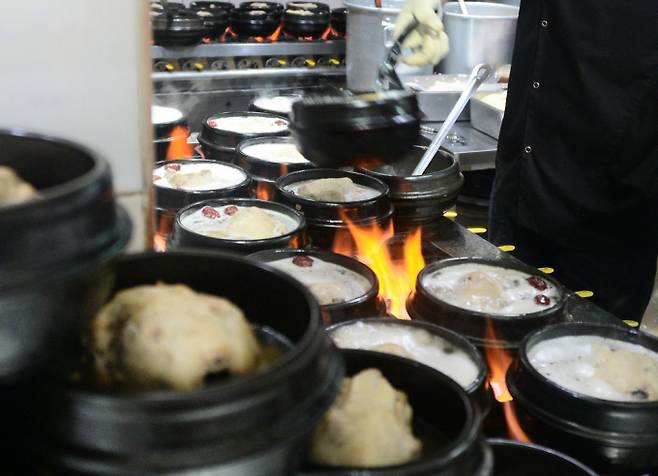 "손님맞이로 분주한 삼계탕집". 30일 중복을 전북 전주시 한 삼계탕전문점에 직원이 손님들에게 내놓을 삼계탕을 끓이고 있다. /사진=뉴시스