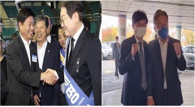 지난해 8월 부천체육관(왼쪽 사진)에서 열린 민주당 경기 전당대회에서 이재명 당시 당대표 후보와 조용익 부천시장이 인사를 나누고 있다. 오른쪽 사진은 지난 2021년 두 사람이 함께하고 있는 모습. 조 시장 측 제공