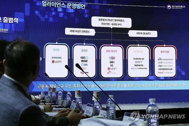 글로벌 K-FAST 얼라이언스 운영방안은? (서울=연합뉴스) 임화영 기자 = 23일 서울 강남구 코엑스에서 열린 '글로벌 K-FAST 얼라이언스' 출범식에서 운영방안을 소개하고 있다. 2025.4.23 hwayoung7@yna.co.kr