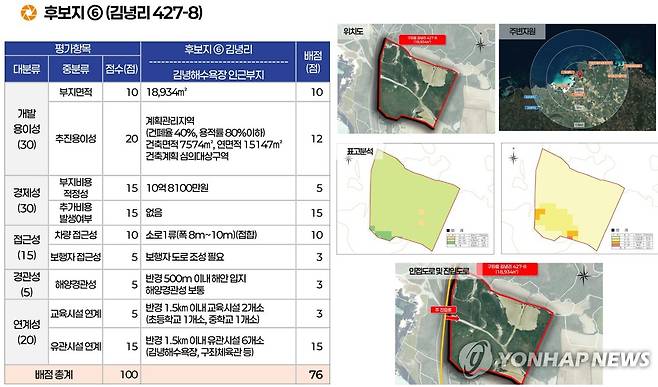 제주 해양교육 전문기관 설립 1순위 후보지 위치도 제주 해양교육 전문기관 설립 1순위 후보지 평가 점수와 위치도. [제주도교육청 제공]