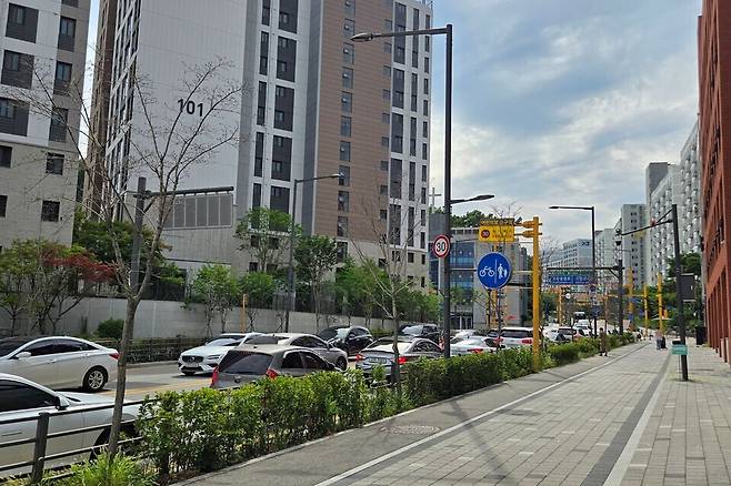 ▲ 성남시 수정구 고등동 메가팩토리약국 입구 도로에는 약을 사러 오는 차량이 2차선 도로 중 1개 차선에서 줄을 이어 주차장을 방불케 하고 있다.