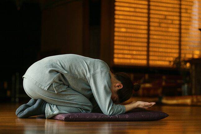 바닥에 방석을 깔고 천천히 바른 자세로 108배를 하면 무릎에 충격이 덜 가해진다. [사진=챗GPT생성]