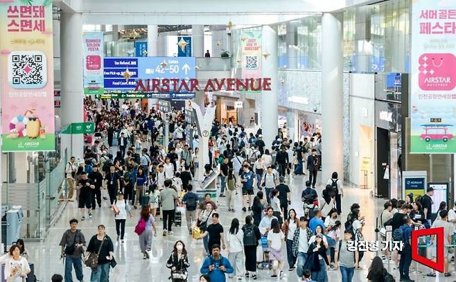 본격적인 여름 휴가철을 앞둔 25일 인천국제공항 제1여객터미널 면세구역을 찾은 여행객들로 붐비고 있다. 인천공항공사는 여름철 성수기인 7월말부터 8월초까지 3주간 약 391만명이 인천공항을 이용할 것으로 내다봤다. 2025.7.25. 강진형 기자