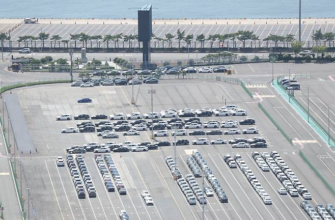 한미 무역 협상이 타결된 31일 현대자동차 울산공장 수출 선적부두 인근 야적장에 완성차들이 대기하고 있다. /뉴스1