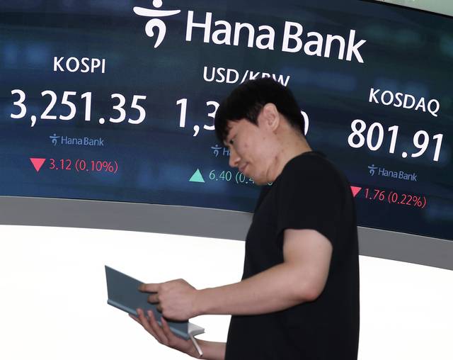 한미 무역 관세 협상이 타결된 31일 오전 서울 중구 하나은행 본점 딜링룸 현황판에 코스피, 원·달러 환율, 코스닥 지수가 표시돼 있다.  [연합뉴스]