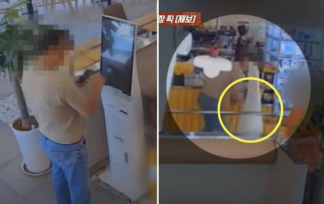 지난 26일 한 카페를 찾은 남성이 키오스크로 핫도그와 음료를 주문한 뒤 "핫도그를 시킨 적이 없다"며 주문한 음식을 카페 매장 바닥에 던지고 있다./사진=JTBC '사건반장' 캡처